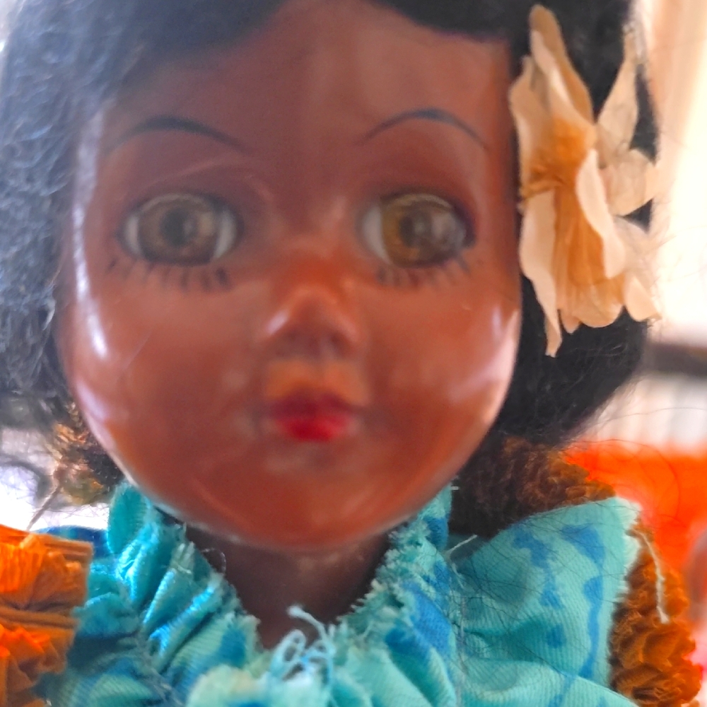 Vintage Doll with Blue Dress and Flower Made In HAWAII